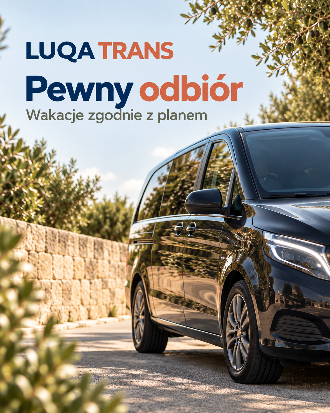 Wizualny motyw Luqa Trans: pewny odbiór, jasny plan i samochód przy kamiennej drodze.